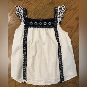 White Sleeveless Tank Top with Navy Eyelet Lace Trim